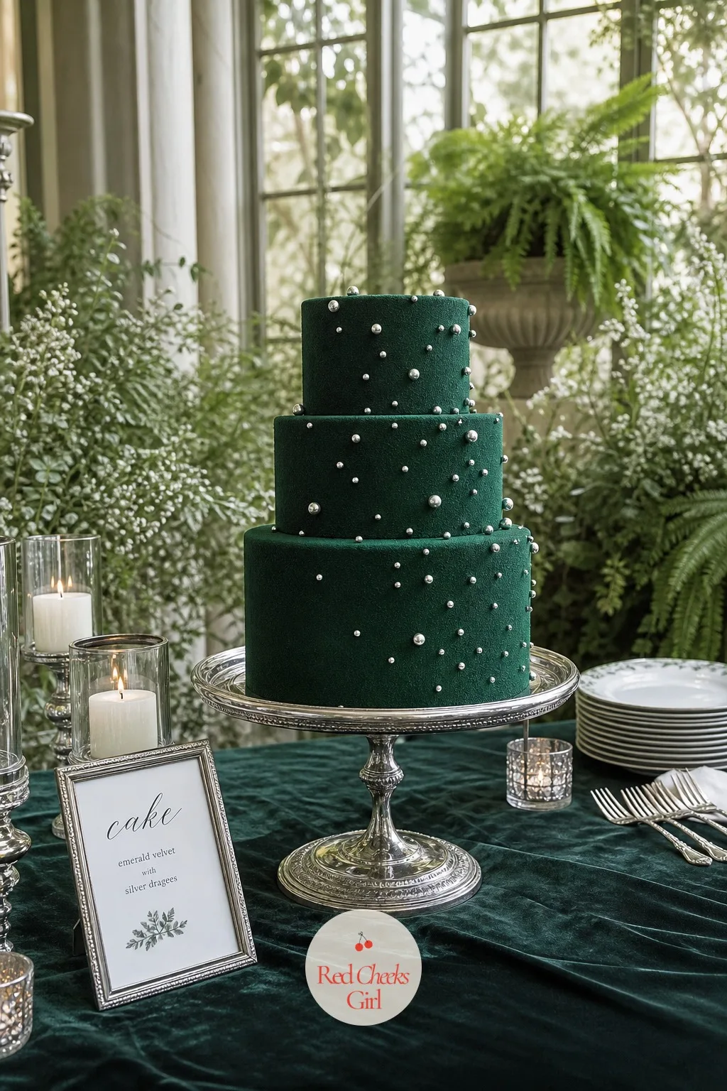 Deep Emerald Velvet Cake With Silver Dragées — Airbrushed deep emerald buttercream built up in the same soft cloud technique as a velvet burgundy cake