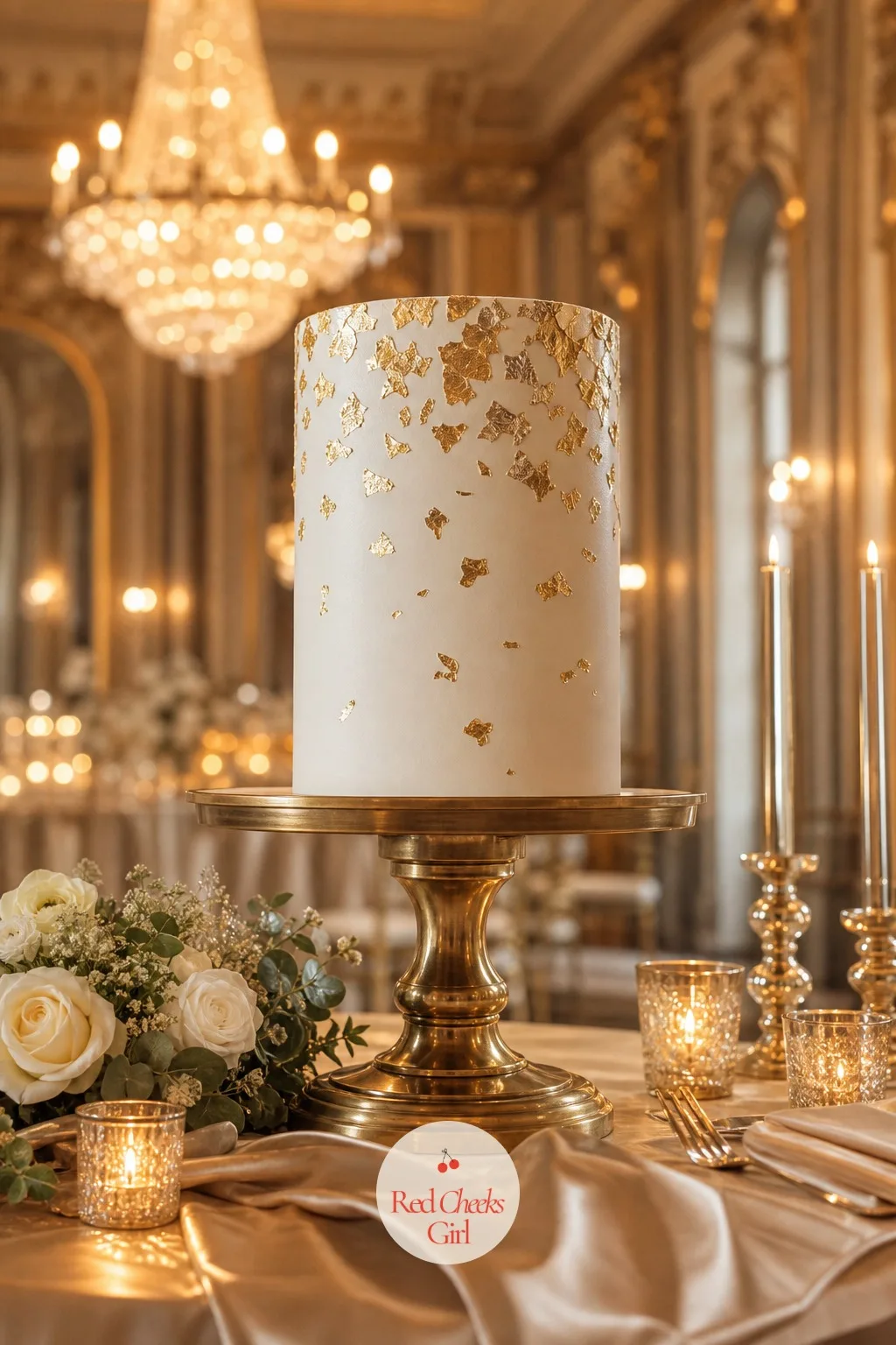 Gold Leaf on White — Loose, irregular shards of gold leaf scattered across a smooth white cake, concentrated near the top and thinning out as they fall, like