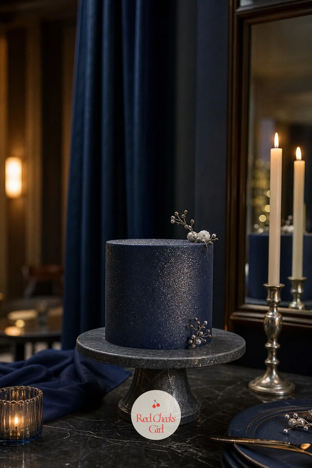 Midnight Navy Cake With Edible Pearl Dust — Smooth navy buttercream dusted all over with edible pearl shimmer, so the colour shifts between deep blue and