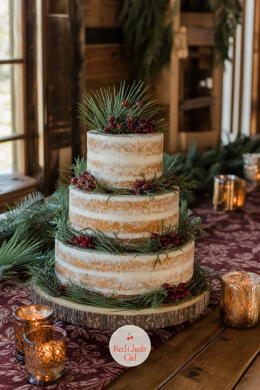 Naked Cake With Pine and Berries — The sides are left bare on purpose, just a thin scrape of buttercream so the layers show through, then small bundles of real