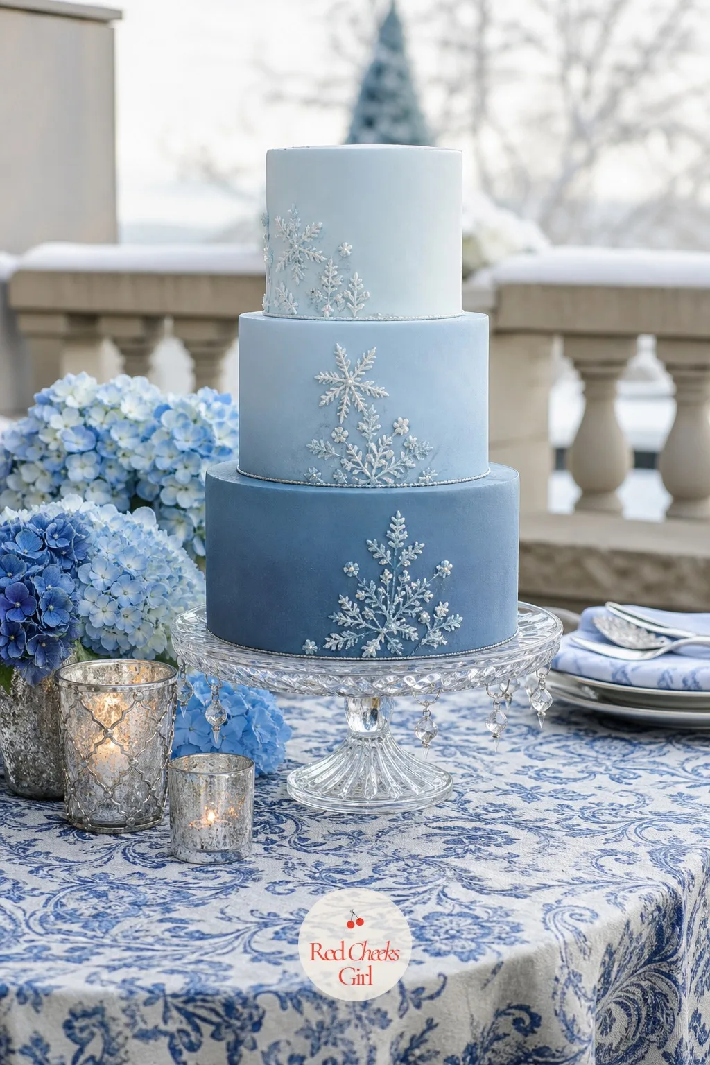 Ombre Icy Blue — Each tier shifts a shade paler moving up the cake, from a deep slate blue at the base to the faintest frost blue at the top, blended with a
