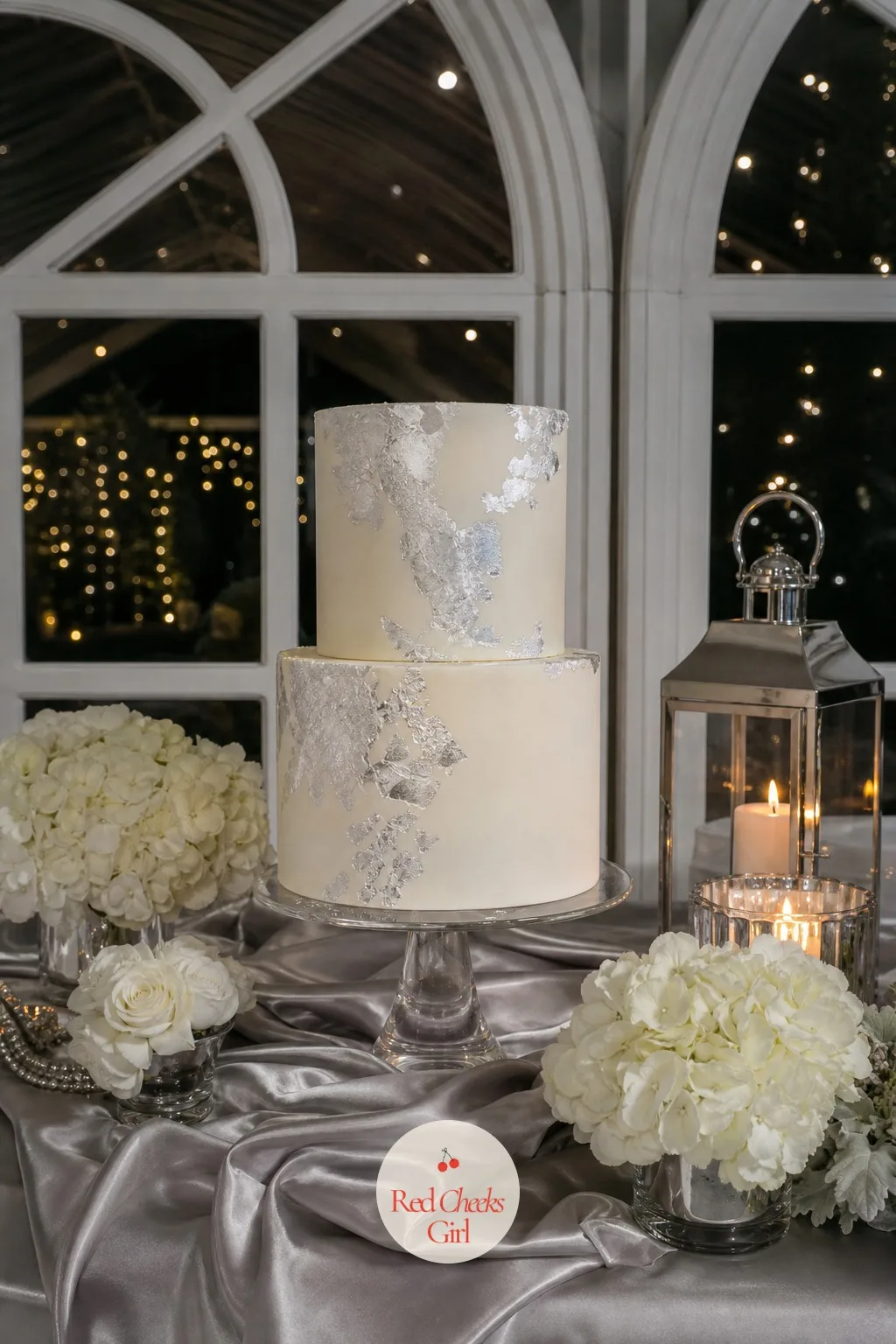 Silver Leaf Tiers — Genuine edible silver leaf applied in irregular patches across one or two tiers, left white and smooth, so the metal looks like it cracked