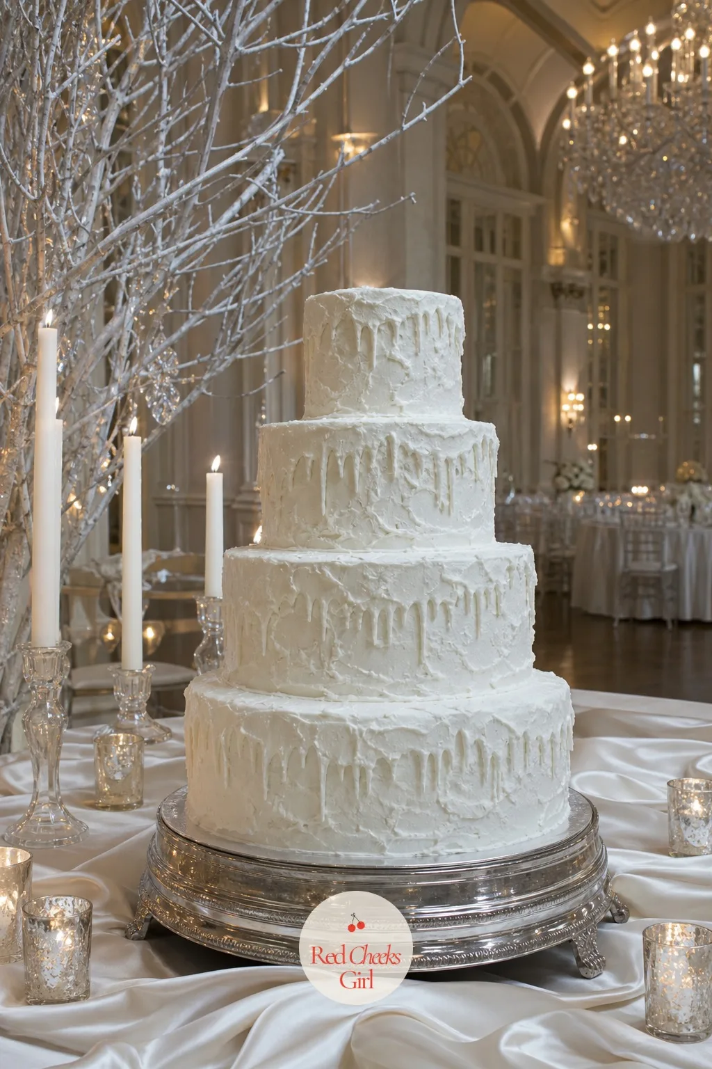 Snow-Textured Buttercream Cake — Thick peaks and drifts of white buttercream, piped and then roughed up with a spatula so the whole cake looks like it has snow