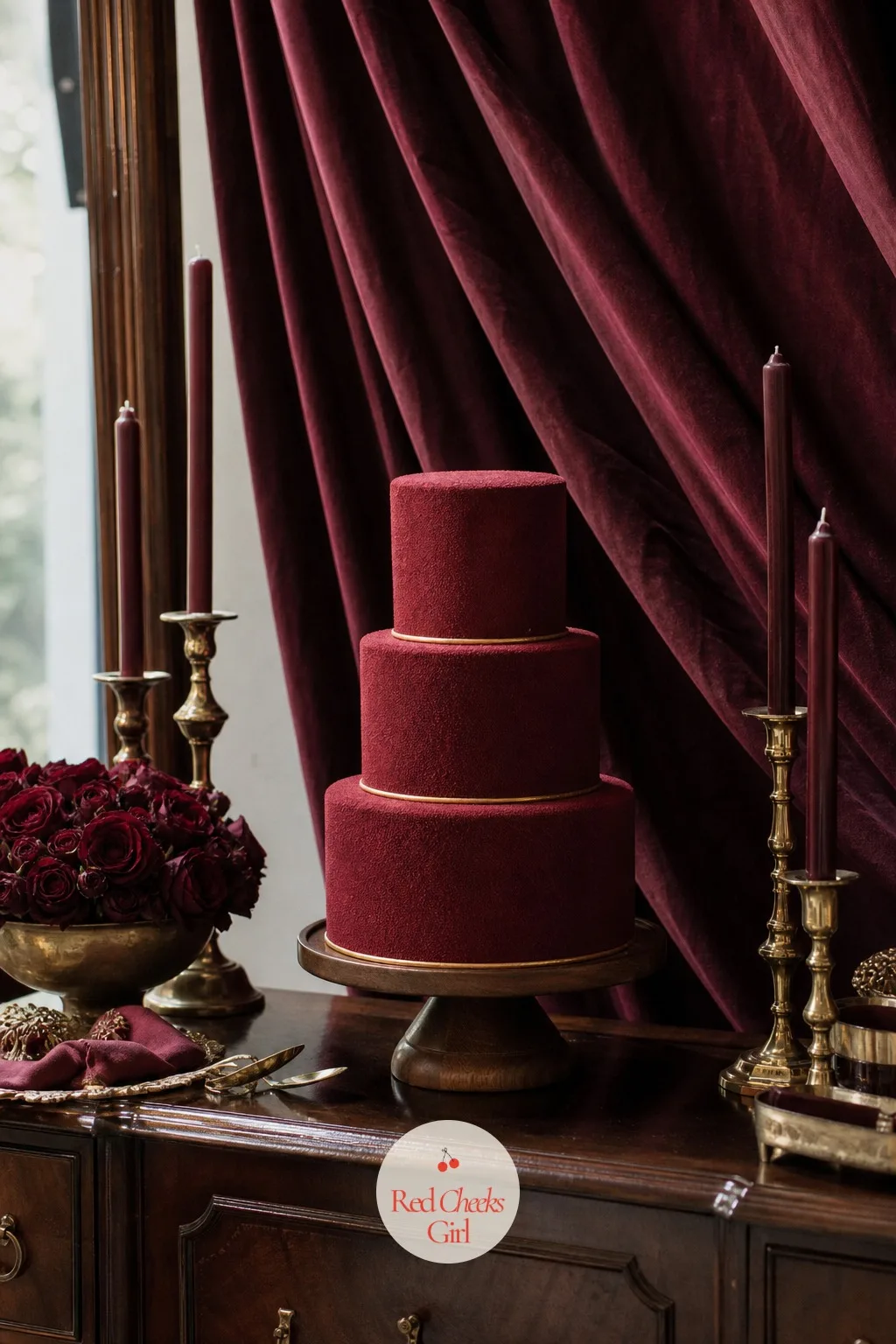 Velvet-Textured Burgundy Cake — Airbrushed buttercream in deep burgundy, built up in soft overlapping clouds of colour so the surface genuinely looks like