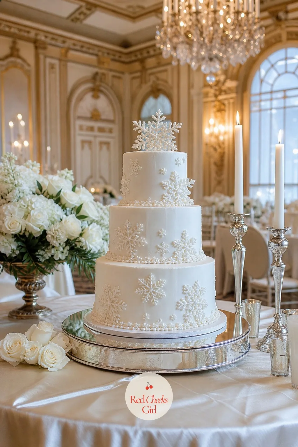 White Cake With Sugar Snowflakes — Three smooth white tiers sit under a scatter of piped sugar snowflakes, no two quite the same size, climbing up one side of