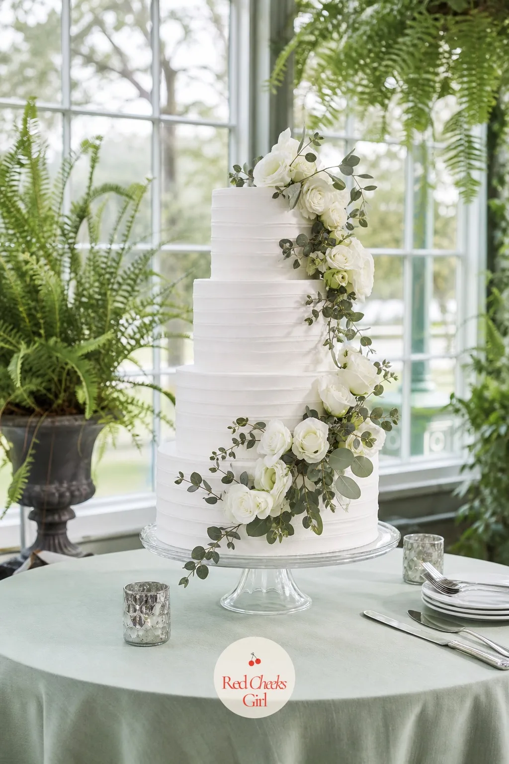 White Cake With White Roses and Eucalyptus — Smooth white tiers with a cascade of white garden roses and trailing eucalyptus running down one side, the