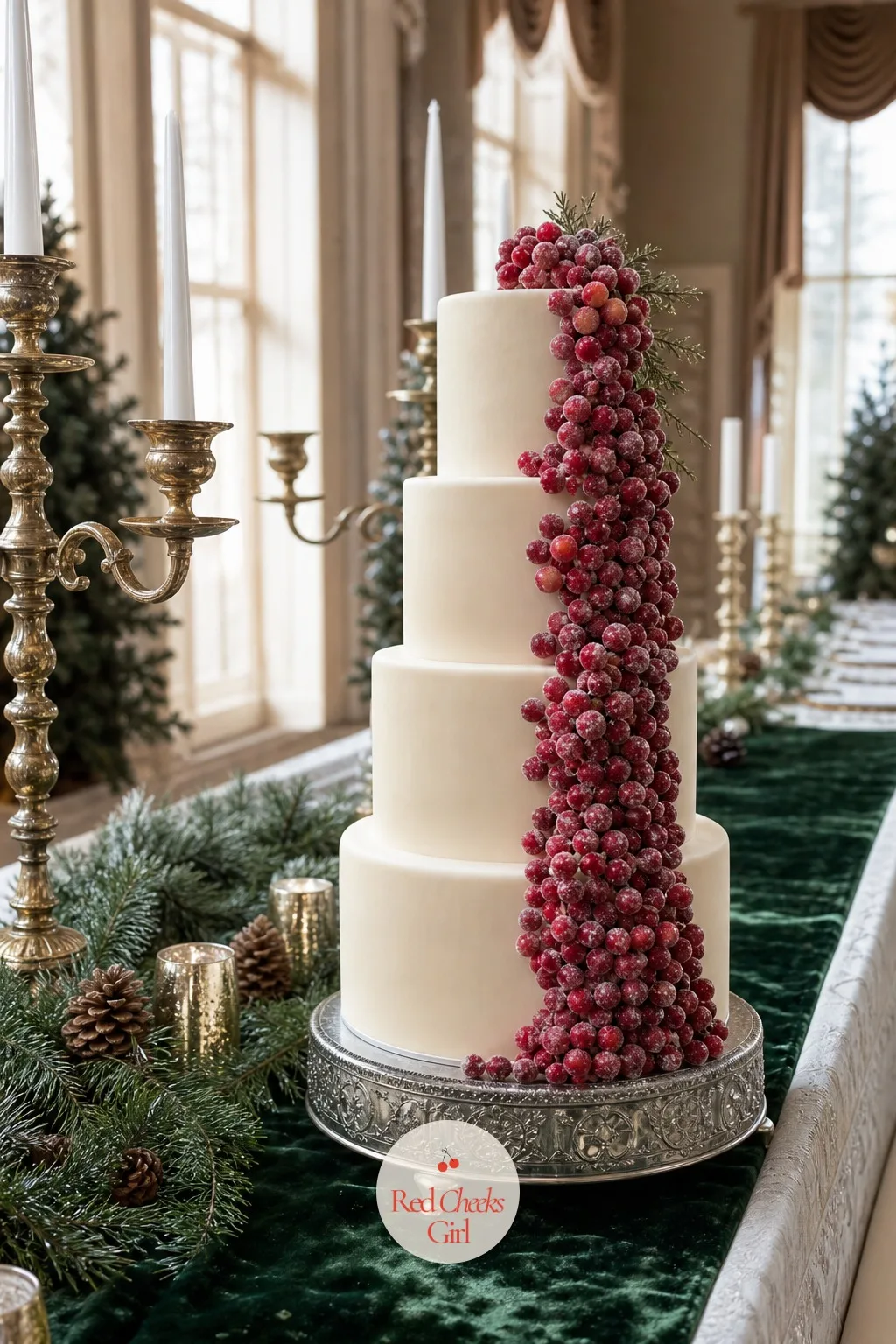 Winter Berry Cascade — A dense, tumbling run of sugared cranberries, rosehips and small dark berries falling from the top tier down one whole side of the cake