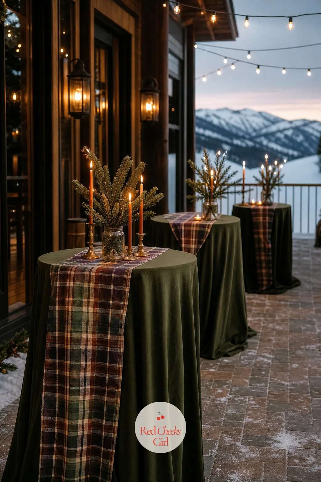 Cocktail Hour High-Top Tables With Plaid Runners and Pine Sprigs — Cocktail hour with nowhere to set a drink down means guests stand around holding a plate and