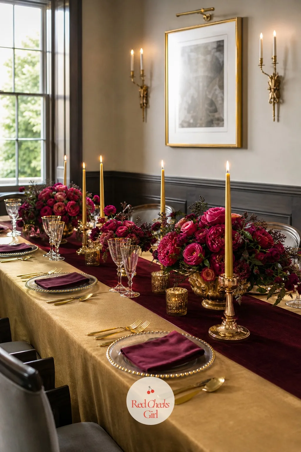 Berry and Gold — Berry sits between burgundy and magenta, brighter and a little more playful than either, and against gold it gives an intimate dinner some