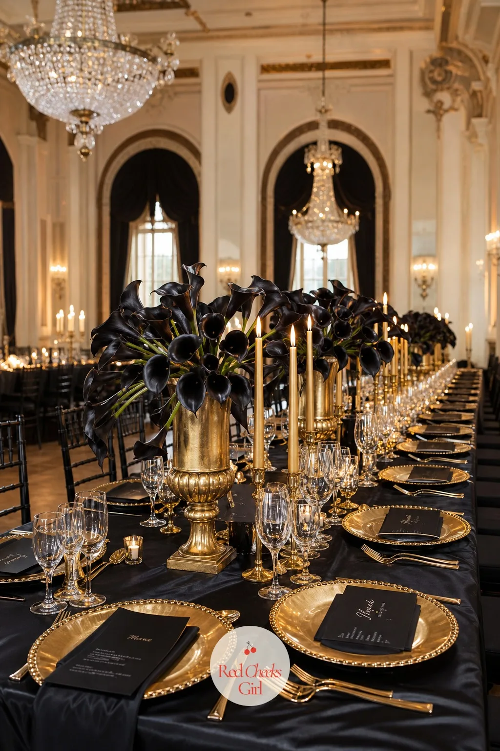 Black and Gold — Black on a reception table sounds like a funeral until gold hits it, and then it is the most expensive-looking room you will host all year.