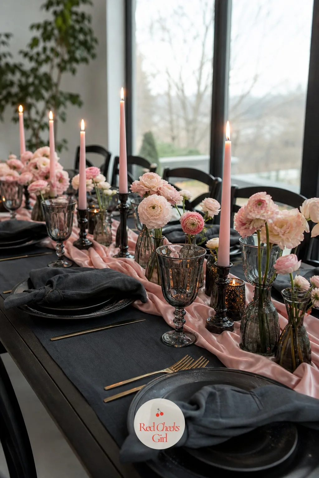 Charcoal and Blush — Charcoal keeps blush from tipping into spring wedding territory, giving the pairing enough weight to sit comfortably at a winter dinner