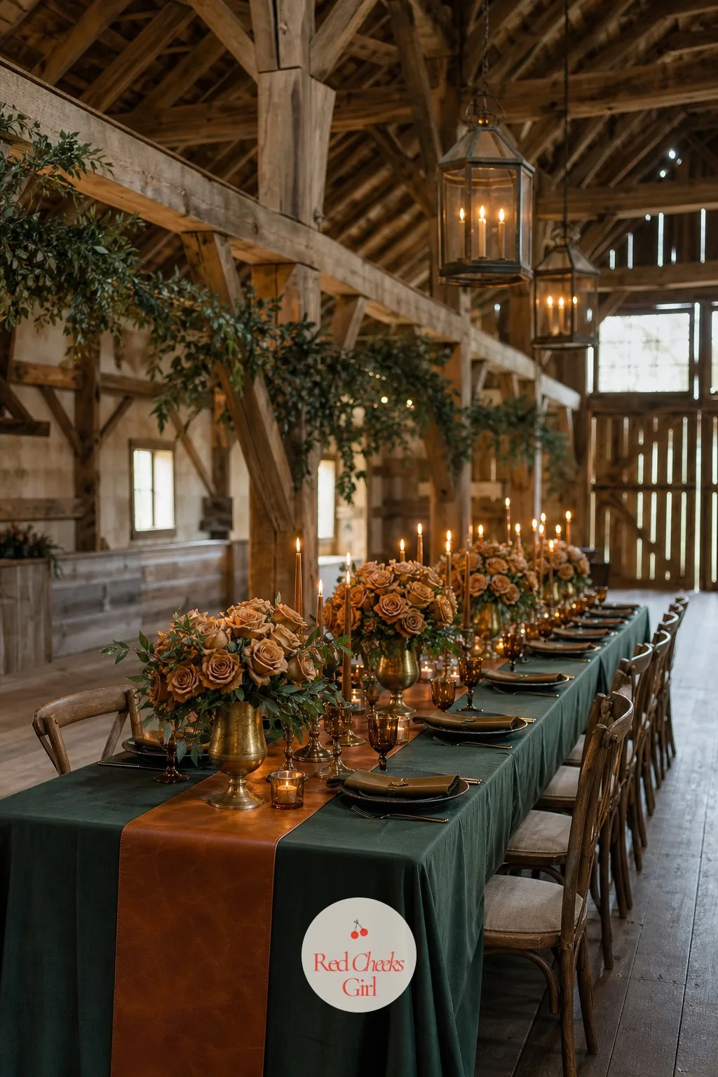 Cognac and Forest Green — Cognac is the colour of the drink that gives it its name, warm and a little smoky, and against forest green it makes a barn table