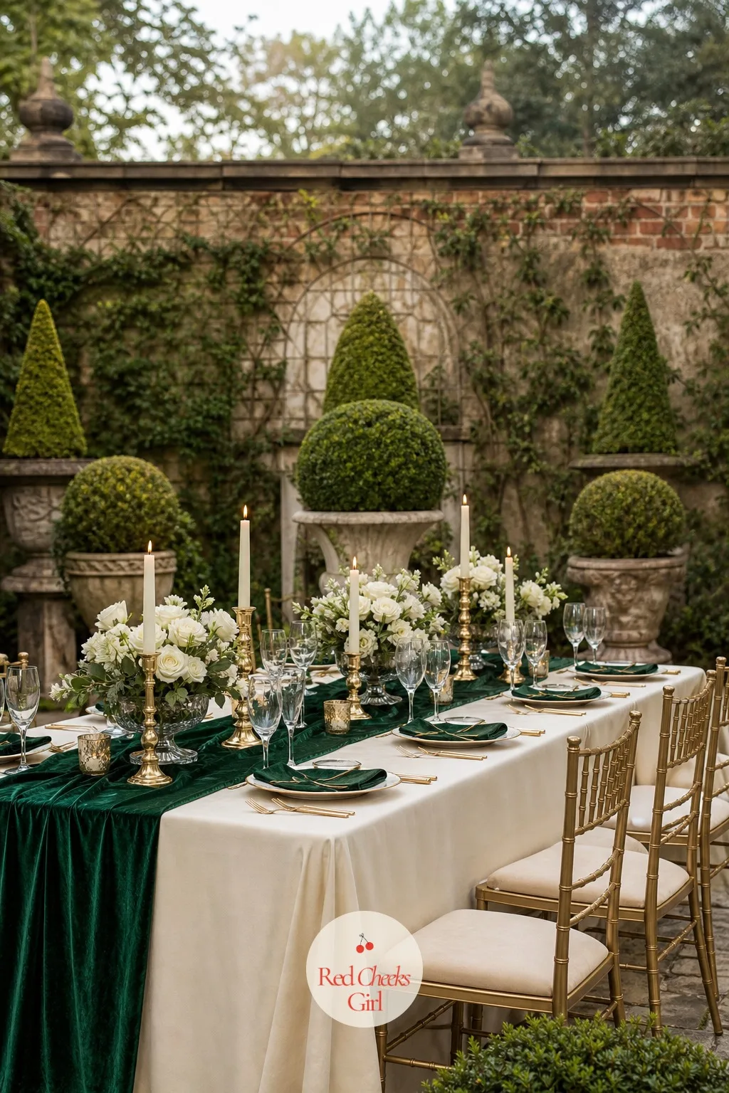 Emerald and Ivory — Emerald is the one true jewel tone that still feels like a garden rather than a ballroom, especially against ivory rather than stark white.