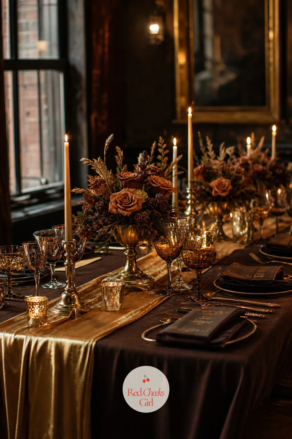Espresso and Gold — Espresso brown reads as warmer and more modern than black, and against gold it gives a restaurant reception a speakeasy feel without a