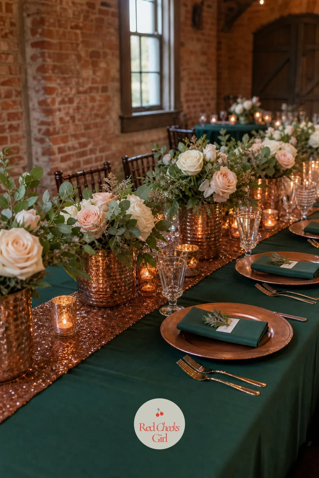 Forest Green and Copper — Copper has a warmth gold does not, something closer to firelight, and against forest green it makes a barn table feel properly