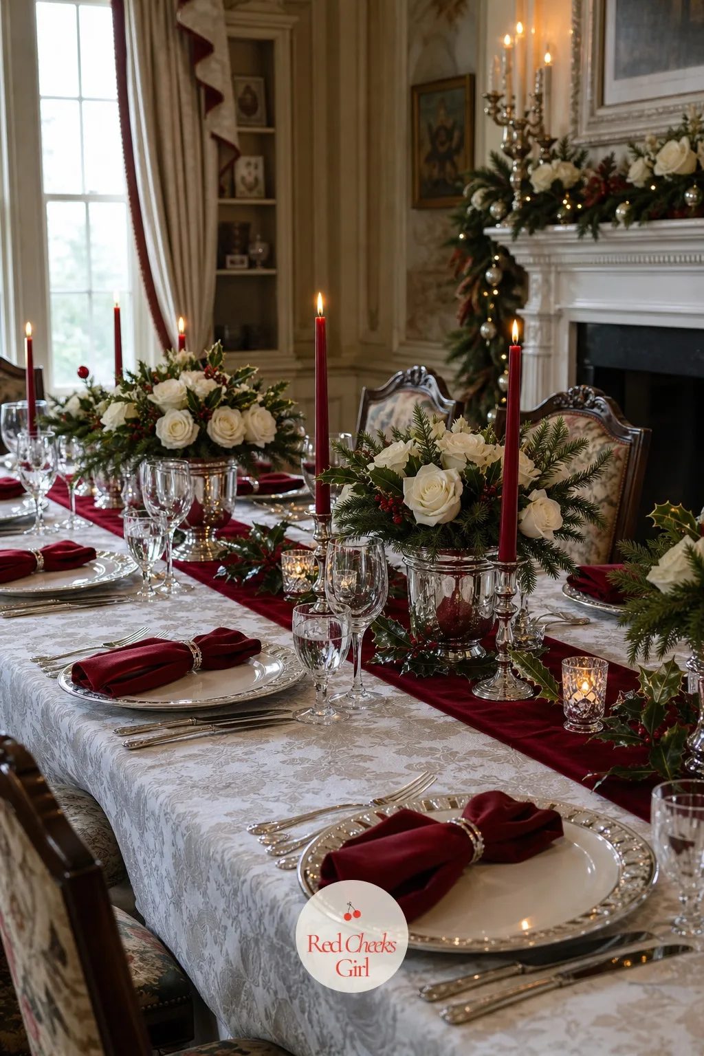 Holly Red and Frosted White — Holly red is brighter and a little more cheerful than burgundy or merlot, and against frosted white it gives a manor reception a