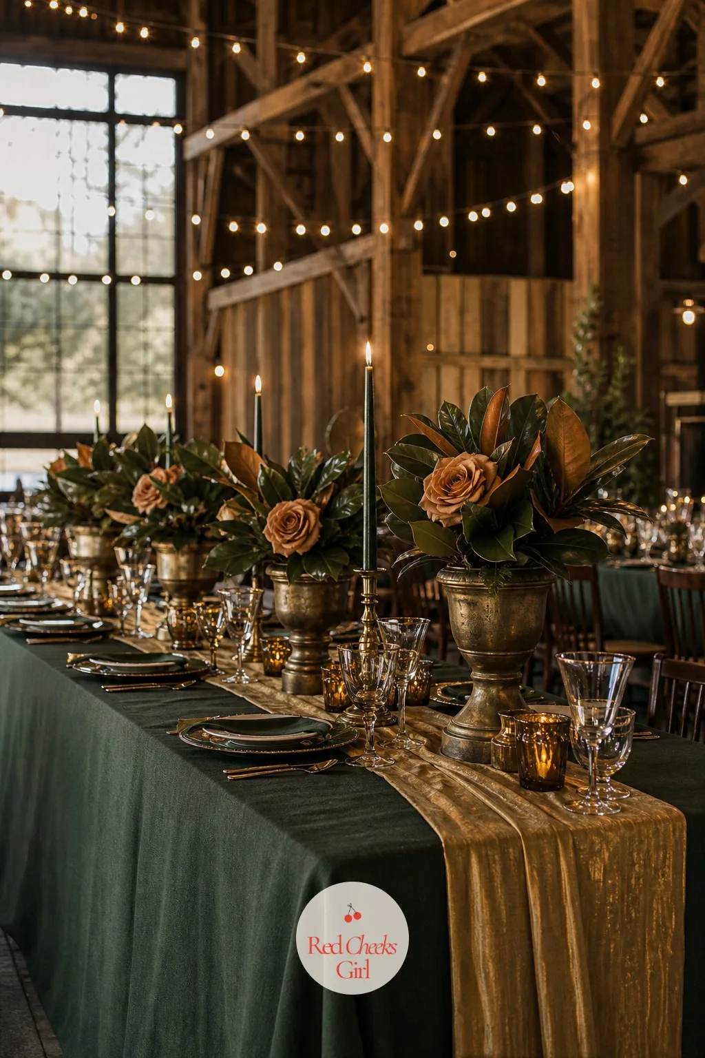 Hunter Green and Antique Brass — Hunter green sits a shade darker and dustier than evergreen, and against tarnished brass rather than polished gold it reads