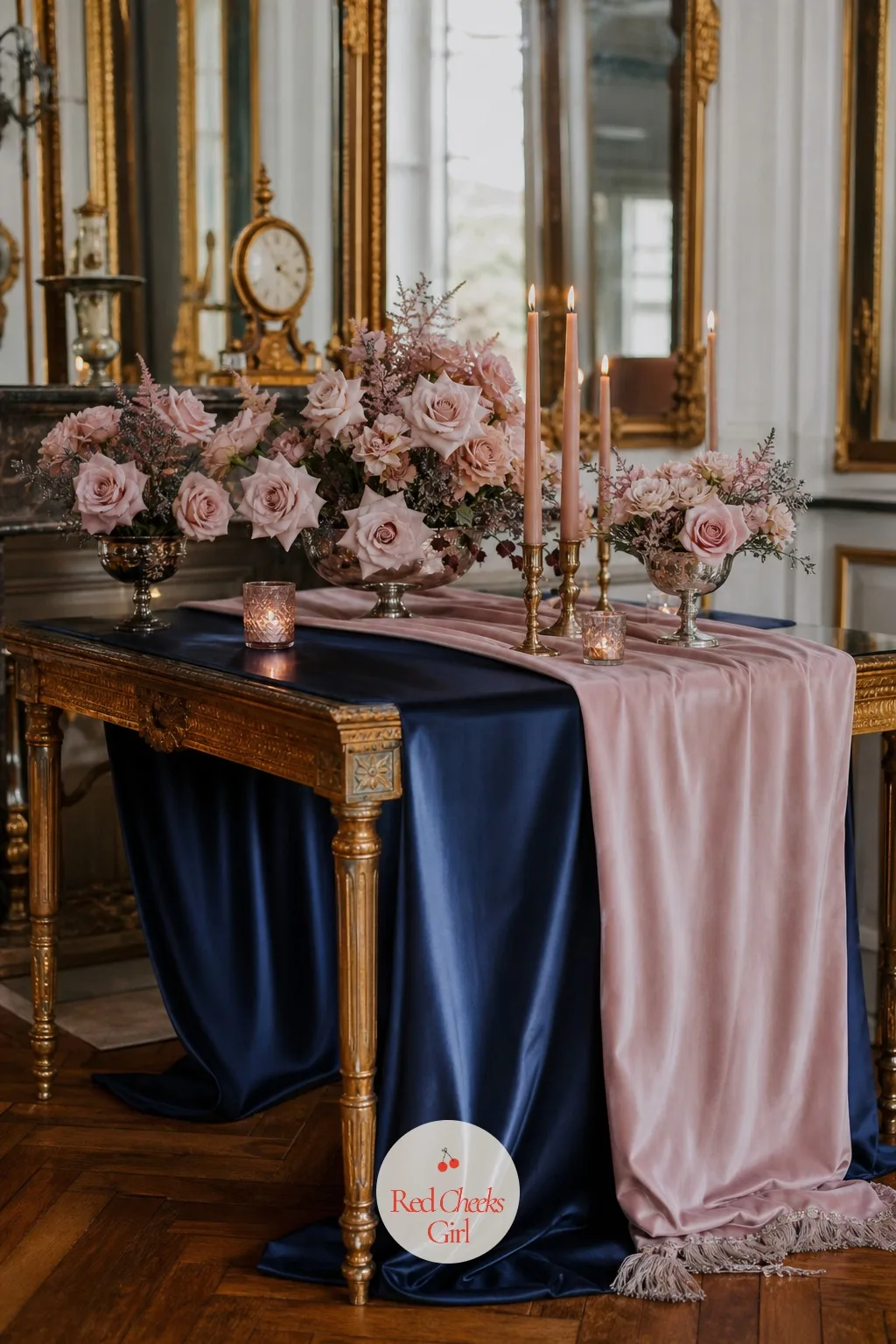 Midnight Blue and Blush — Midnight blue is darker and cooler than navy, close enough to black to read as formal, and against blush it gives a manor parlour a