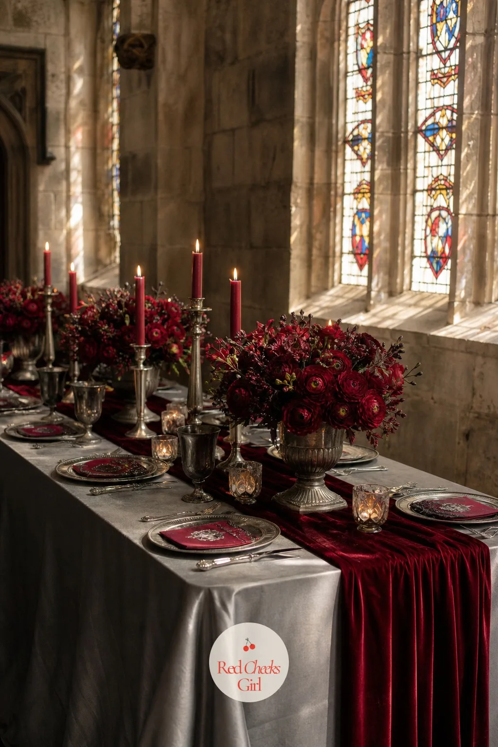 Pewter and Cranberry — Pewter is quieter than silver, with more grey in it, and against cranberry it gives the palette an older, more formal feel, as if the