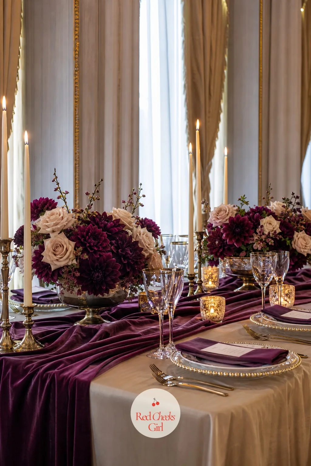 Plum and Champagne — Plum does something champagne cannot do alone: it gives the palette a mood, something closer to velvet theatre curtains than a bridal