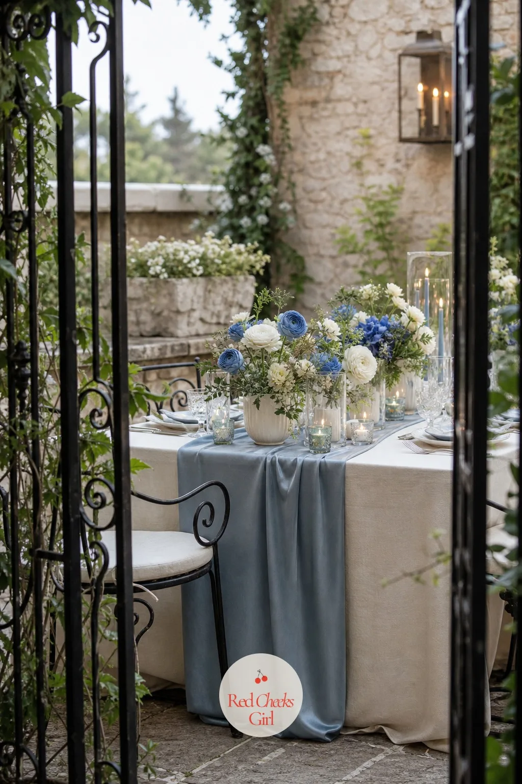 Slate Blue and Cream — Slate blue is quieter than navy and cooler than dusty blue, which makes it the palette for a couple who want winter blue without any of