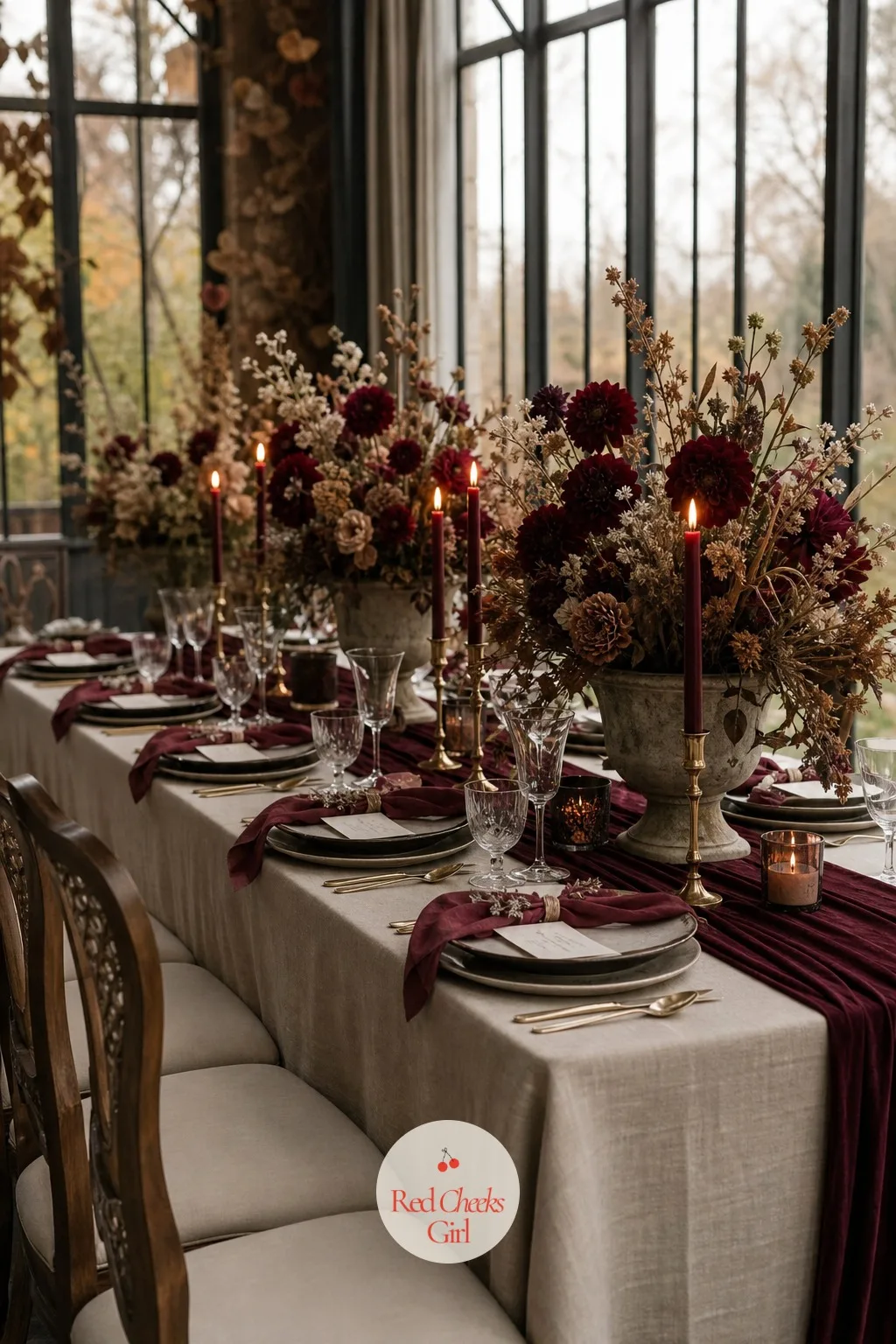 Taupe and Wine — Taupe is the neutral that actually photographs warm, and against wine it gives a manor reception a quiet, grown-up palette that leans on