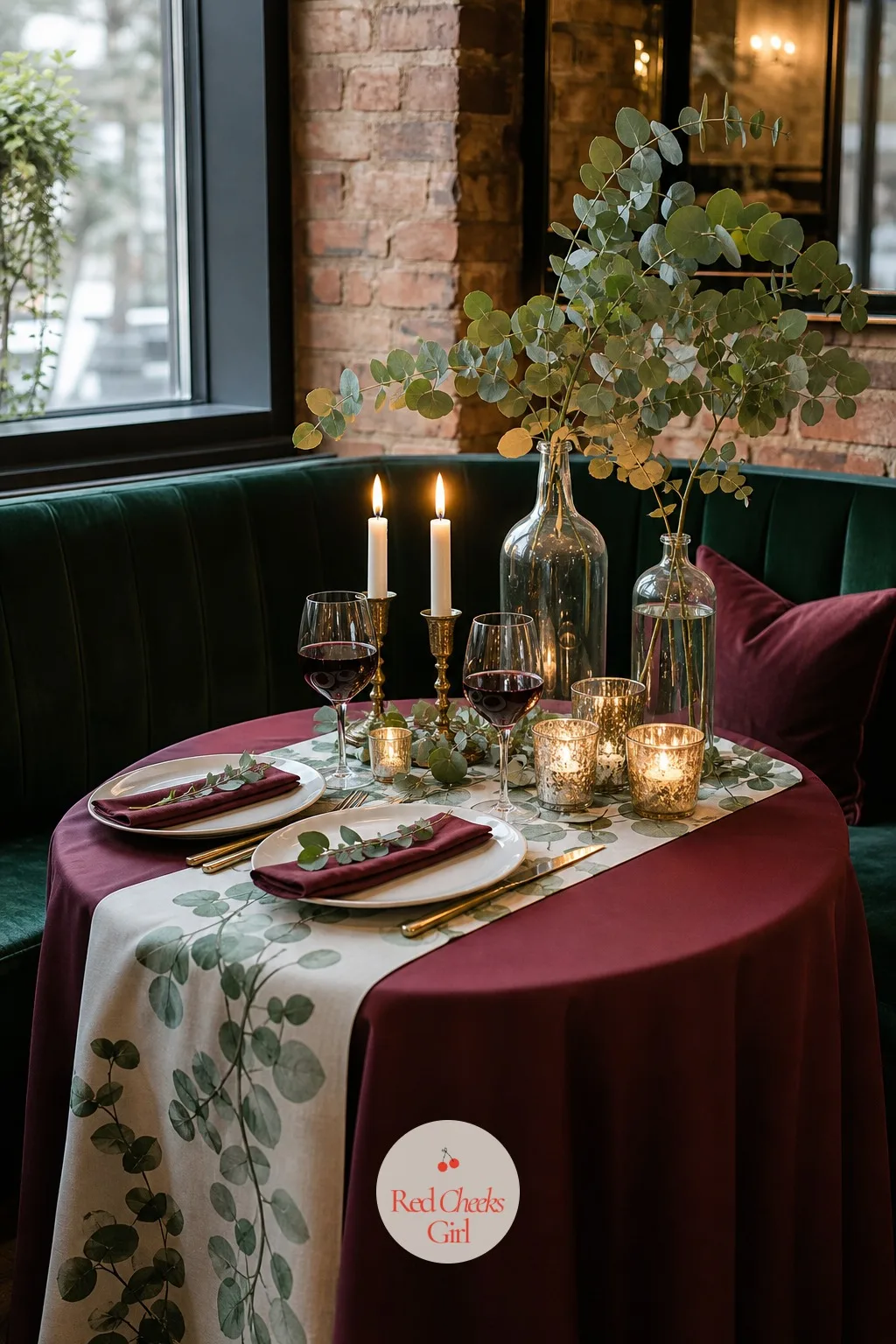 Wine and Eucalyptus — Wine against eucalyptus green is quieter than deep red and green, more sophisticated dinner than holiday party, and it suits a couple who