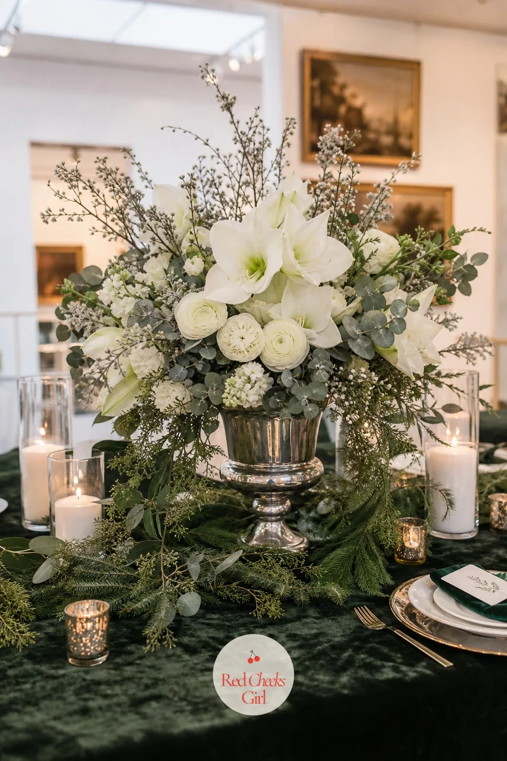 Amaryllis and Ranunculus Centerpiece in a Silver Urn — A table with only candles and fruit on it eventually needs one taller gesture to anchor the eye, and