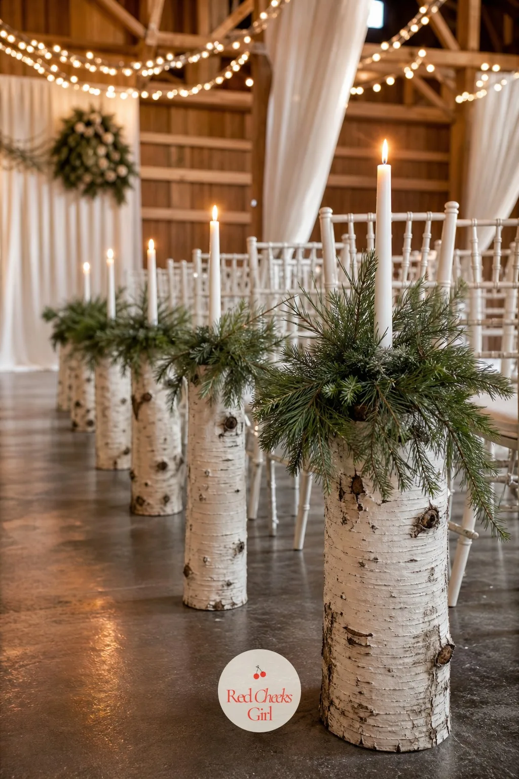 Birch Log Aisle Markers Topped with Greenery — Chair ties alone can look thin on a long aisle with high ceilings above it. Winter wedding decorations
