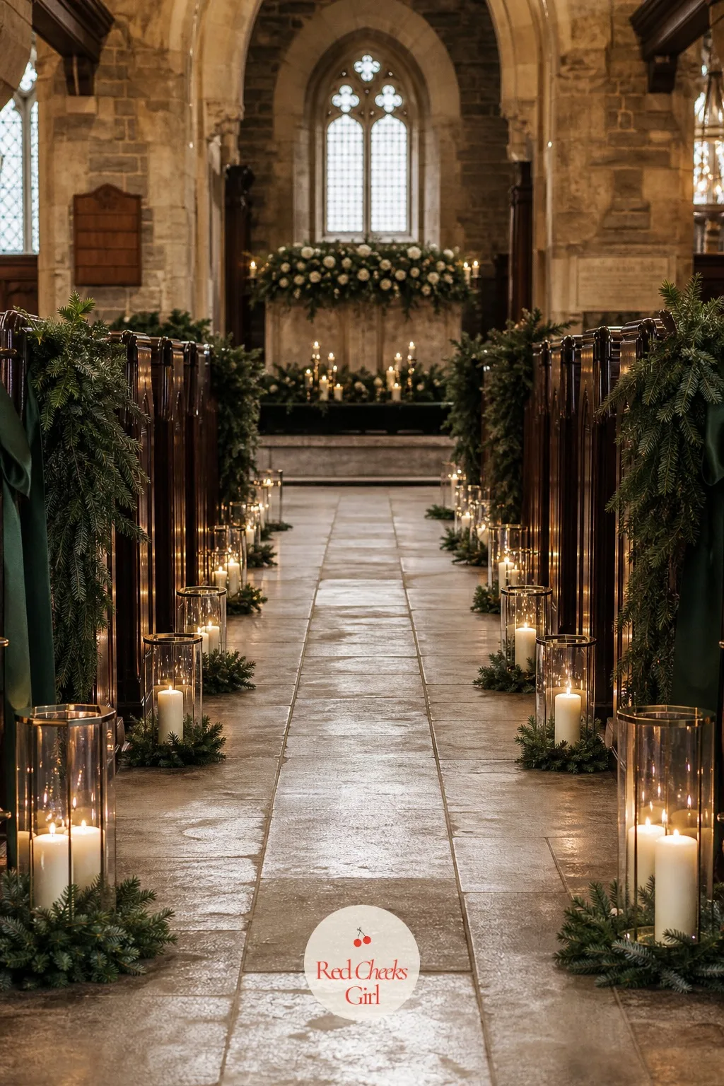 Candle Lined Aisle in Glass Lanterns — Winter ceremonies tend to happen later in the afternoon than summer ones, and the light drops fast. Winter wedding