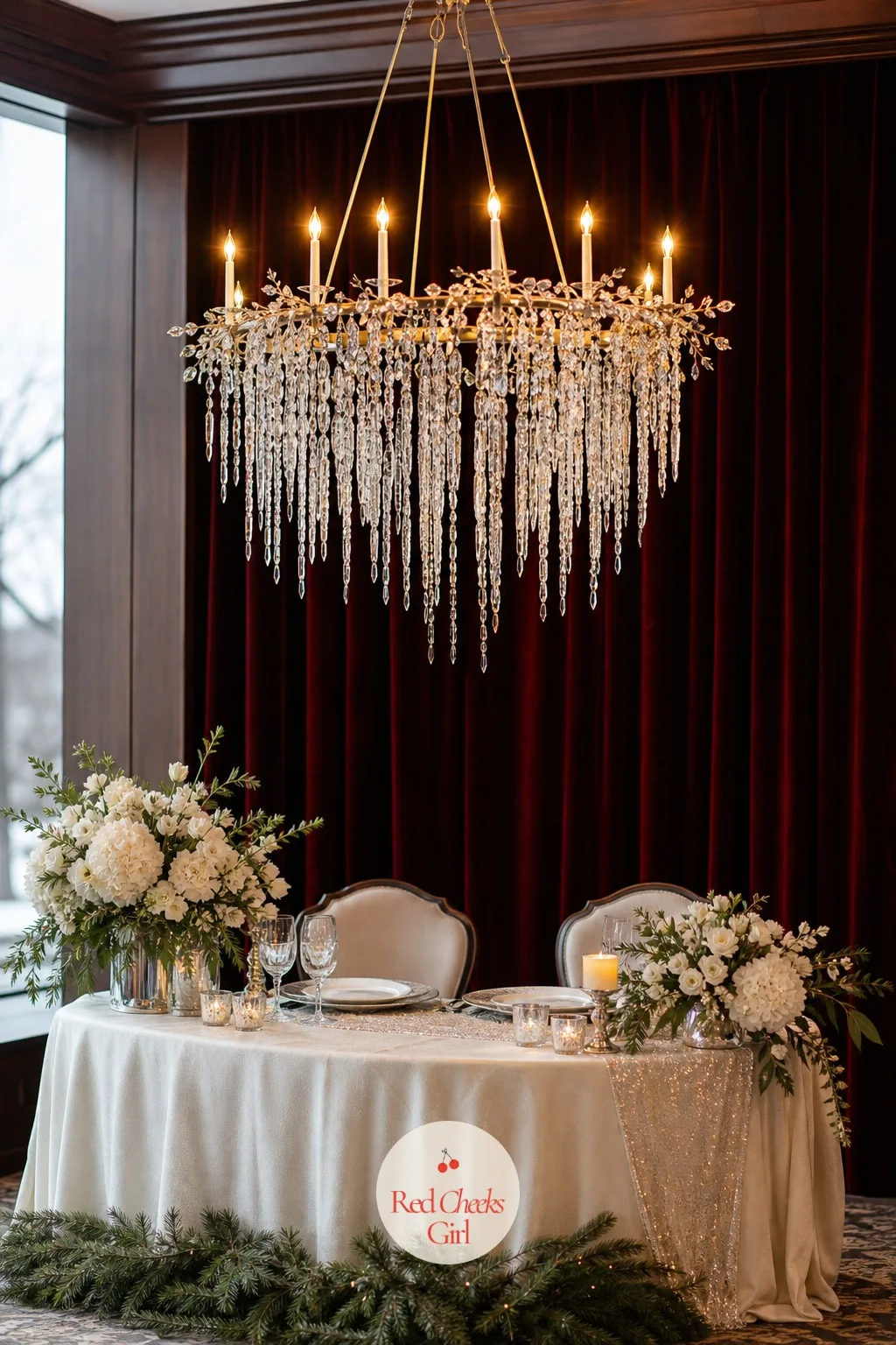 Crystal Icicle Chandelier over the Sweetheart Table — The head table often gets the best florals in the room and the weakest lighting, which undoes the effort.