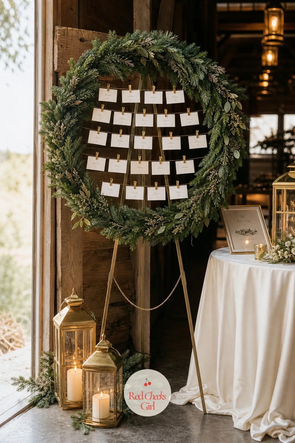 Evergreen Wreath Escort Card Display — A plain table of printed cards in alphabetical rows tells guests nothing about the party they are about to walk into.