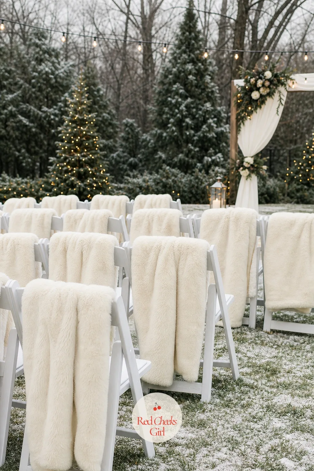 Faux Fur Throws on Reception Chairs — A ceremony outdoors in winter is only as pleasant as the seat guests are sitting in, and metal chairs get cold fast.