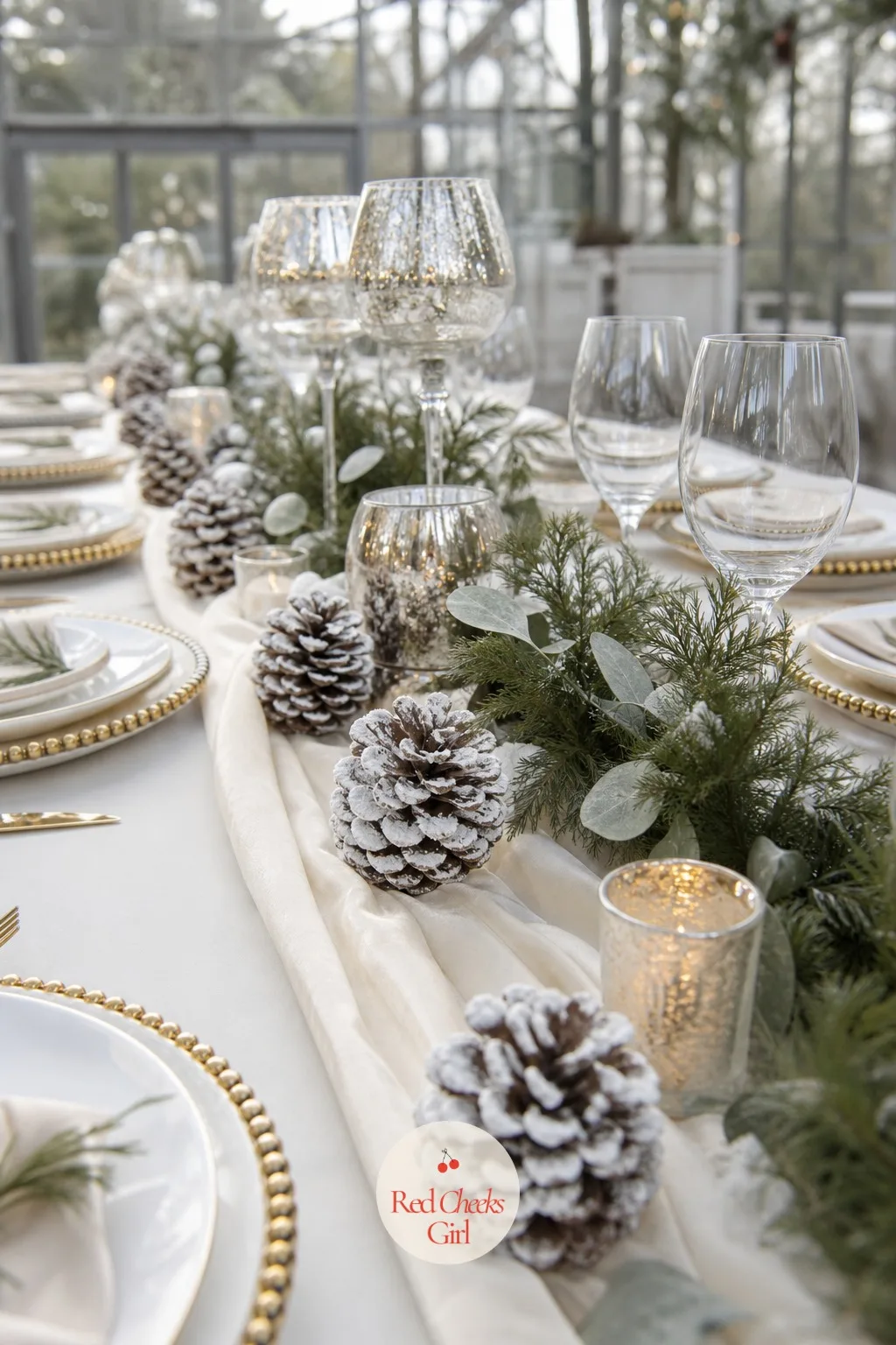 Frosted Pine Cones on the Table — A table set with only florals and candles can still feel a little flat once the eye has taken in both. Winter wedding
