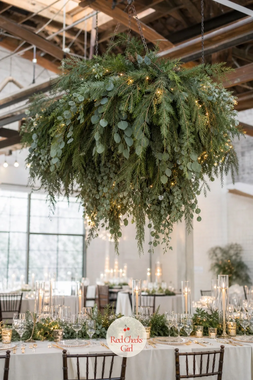 Hanging Evergreen Installation — A high ceiling with nothing in it makes even a beautifully set room feel like it is waiting for something. Winter wedding