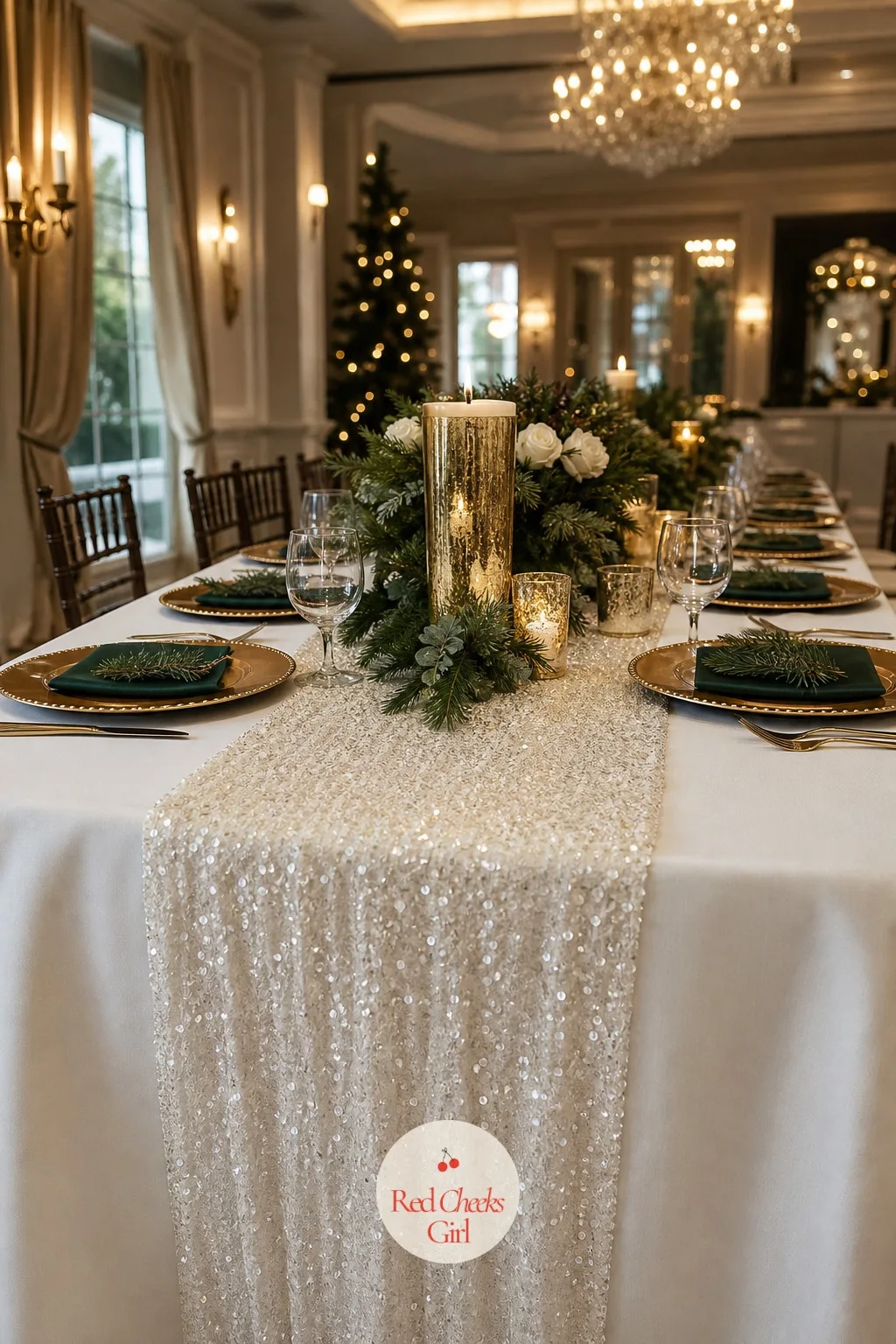 Ivory Sequin Table Runner with Gold Chargers — A plain pressed tablecloth with nothing on top of it can read as unfinished no matter how good the centerpiece