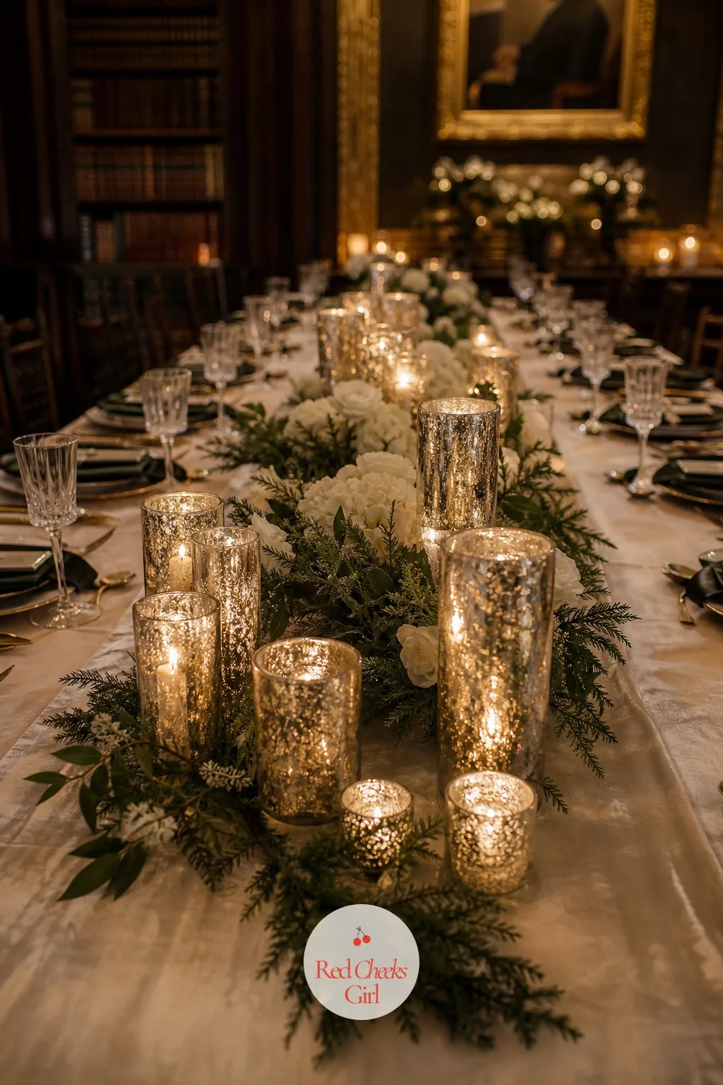 Mercury Glass Votives Down the Runner — Plain glass tea lights disappear into a busy table the moment the overhead lights dim. Winter wedding decorations