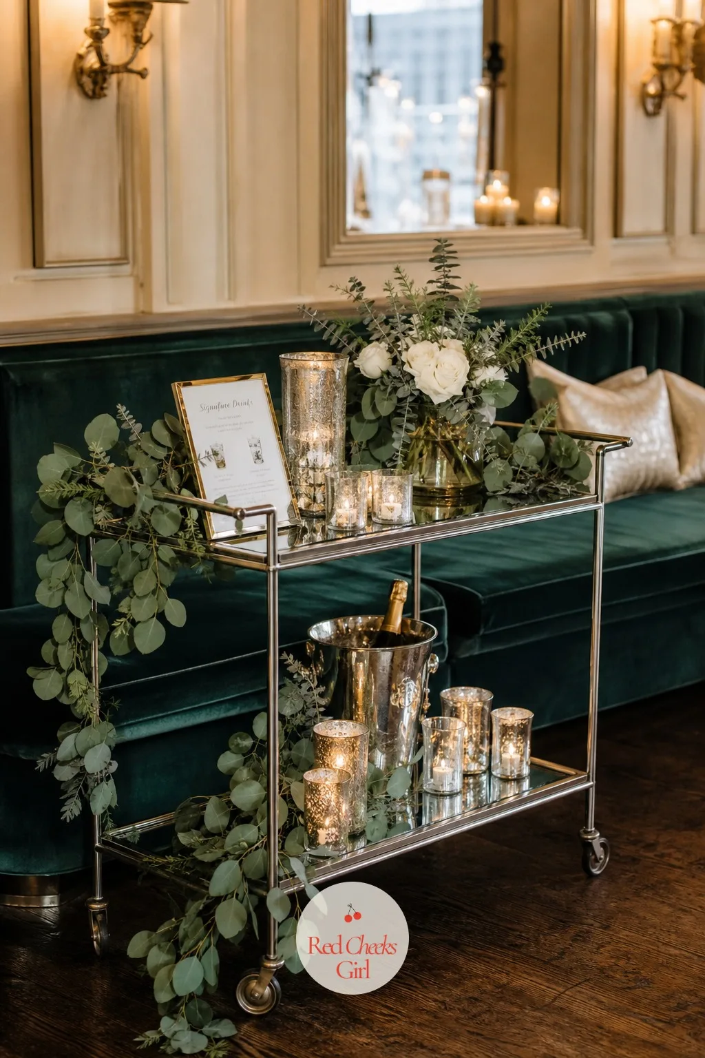 Mirrored Bar Cart Styled with Winter Greenery — A drinks station on a plain folding table looks like an afterthought even when the drinks themselves are