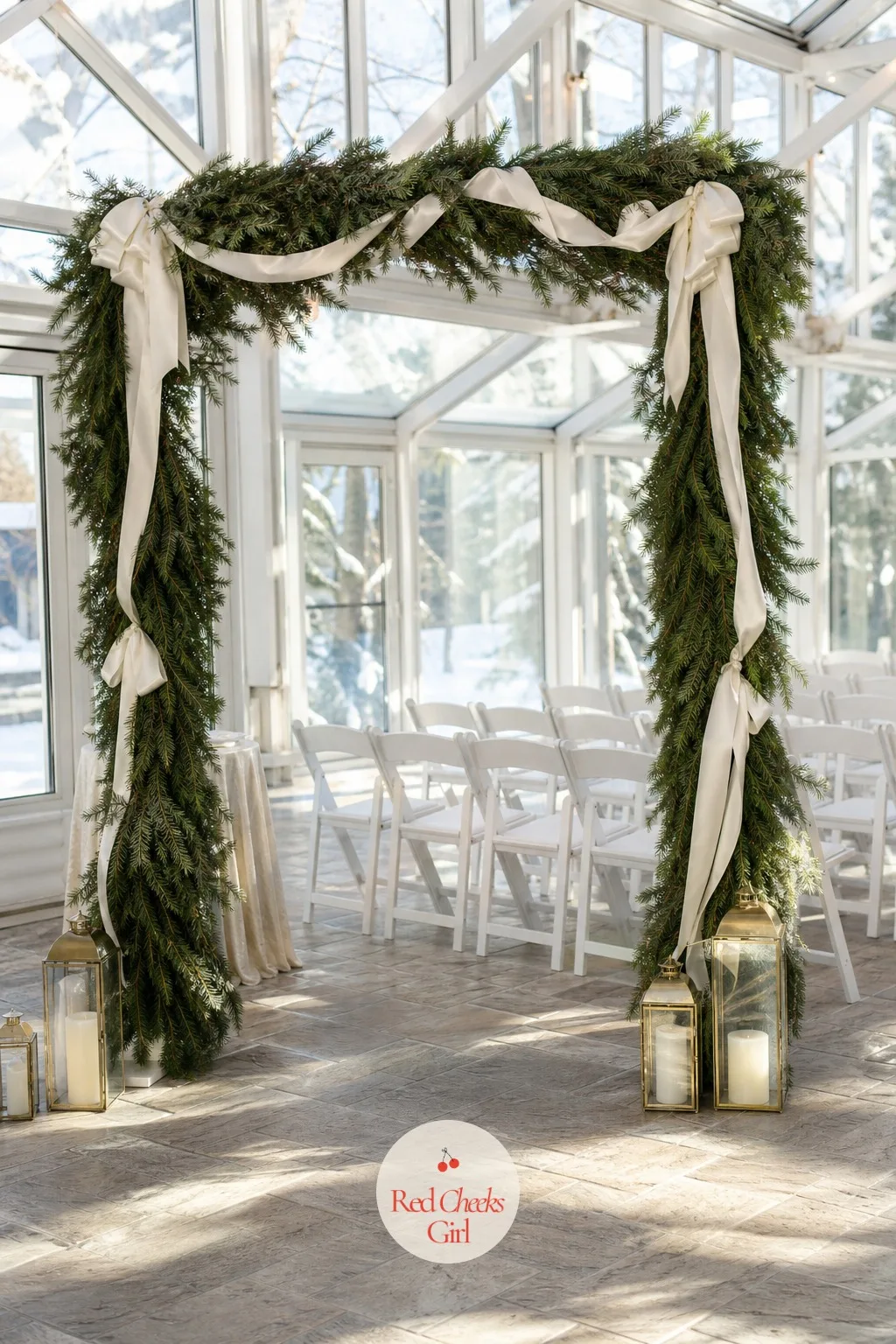 Pine Branch Garland on the Ceremony Arch — A bare metal or wood arch always looks like leftover rental equipment until something grows over it. Winter wedding