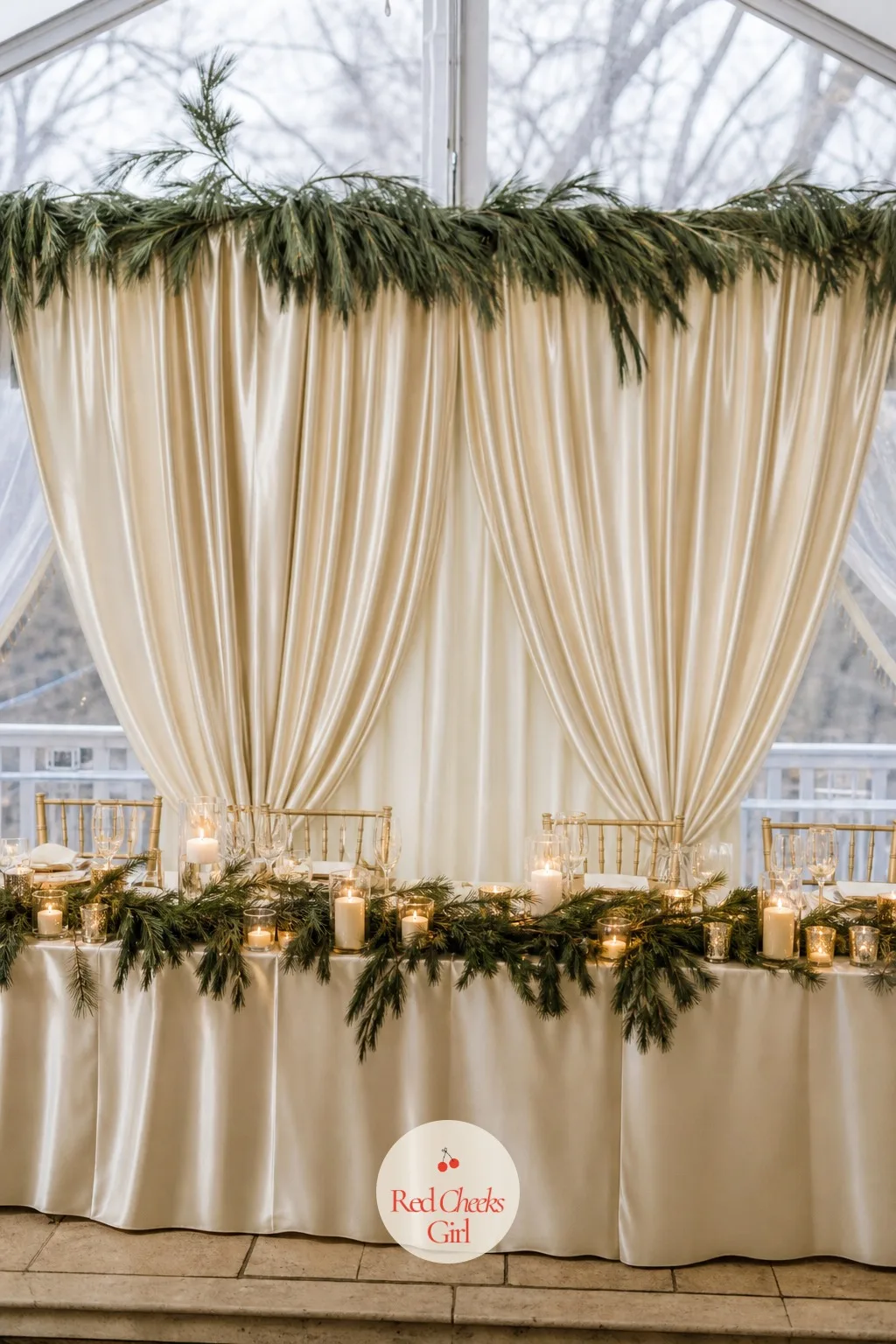 Satin Draped Backdrop Behind the Head Table — A head table set in front of a blank wall or a plain tent panel always photographs thin behind the couple. Winter