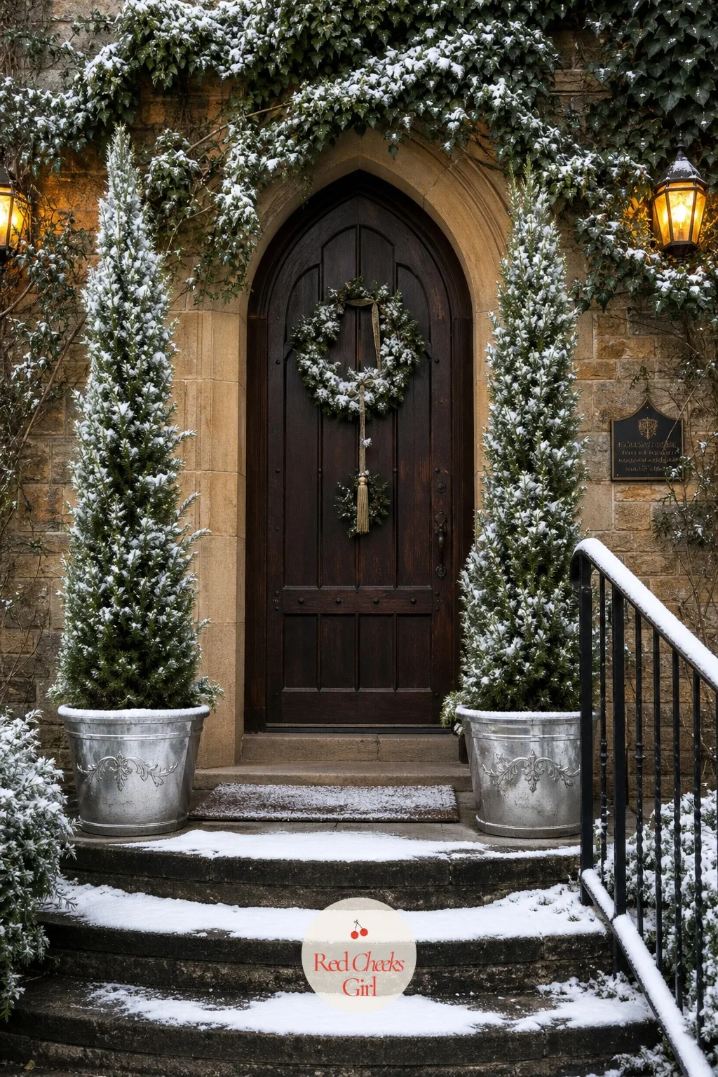 Snow Dusted Potted Cypress Trees at the Entrance — A front door with nothing on it tells guests nothing about what is waiting inside. Winter wedding decorations