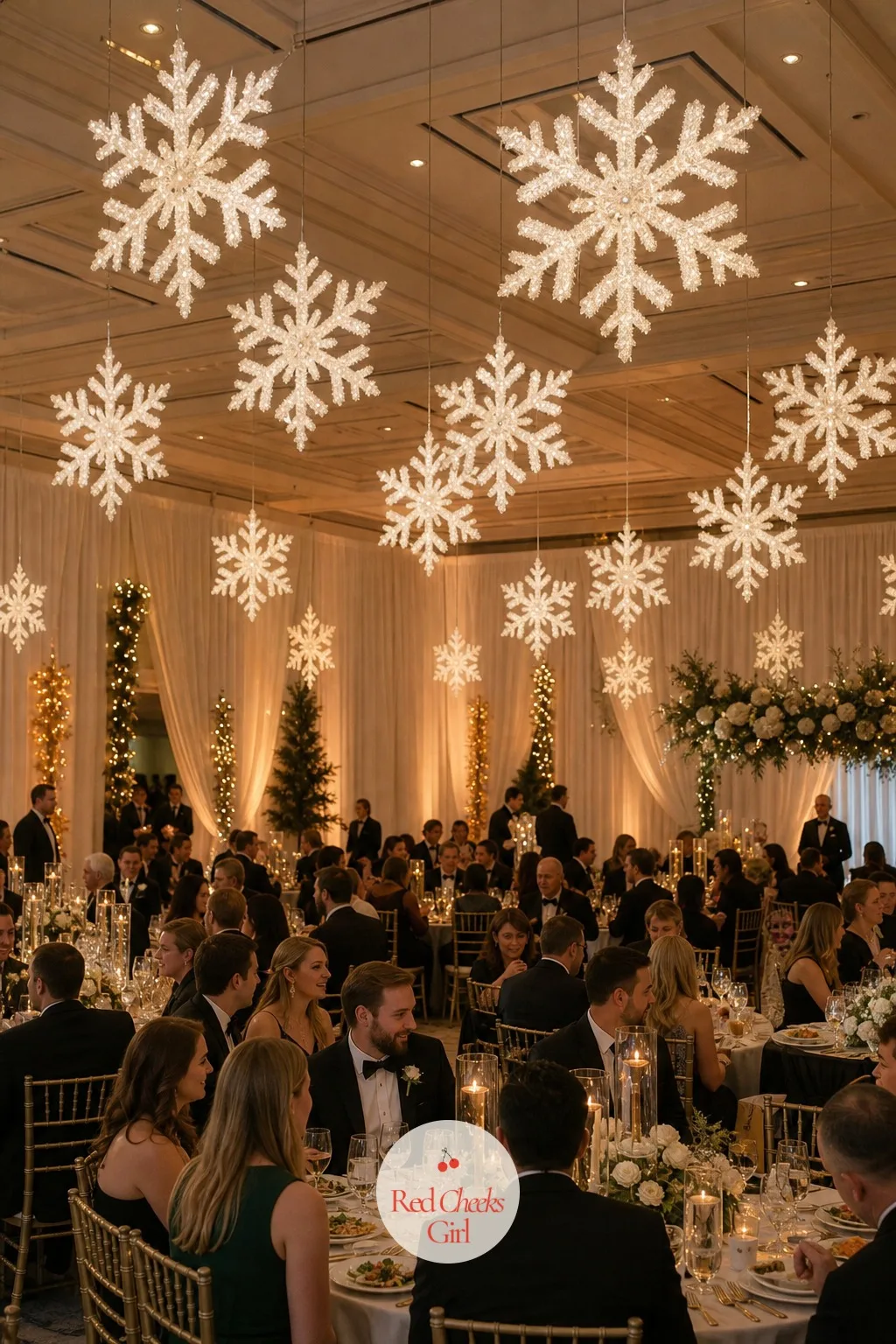 Snowflake Ceiling Lights over the Reception — A dance floor under plain overhead lighting always looks a little municipal once the band starts. Winter wedding