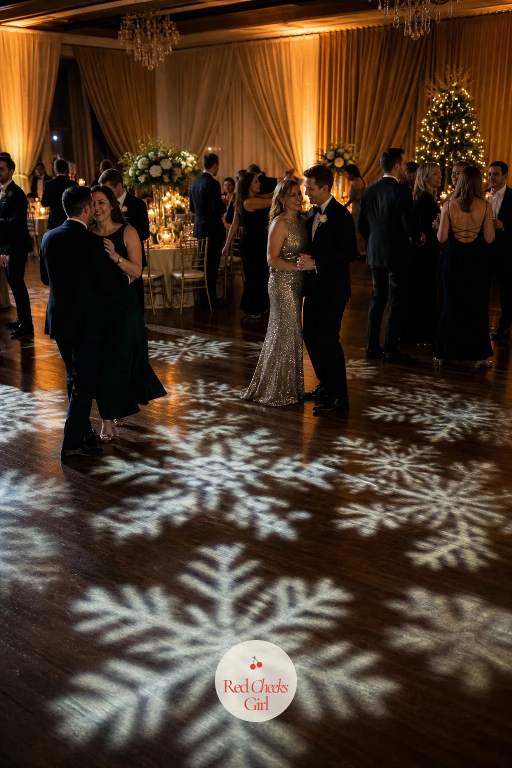 Snowflake Gobo Light on the Dance Floor — A dance floor lit flat with nothing projected onto it stays looking like a hotel conference room no matter how good