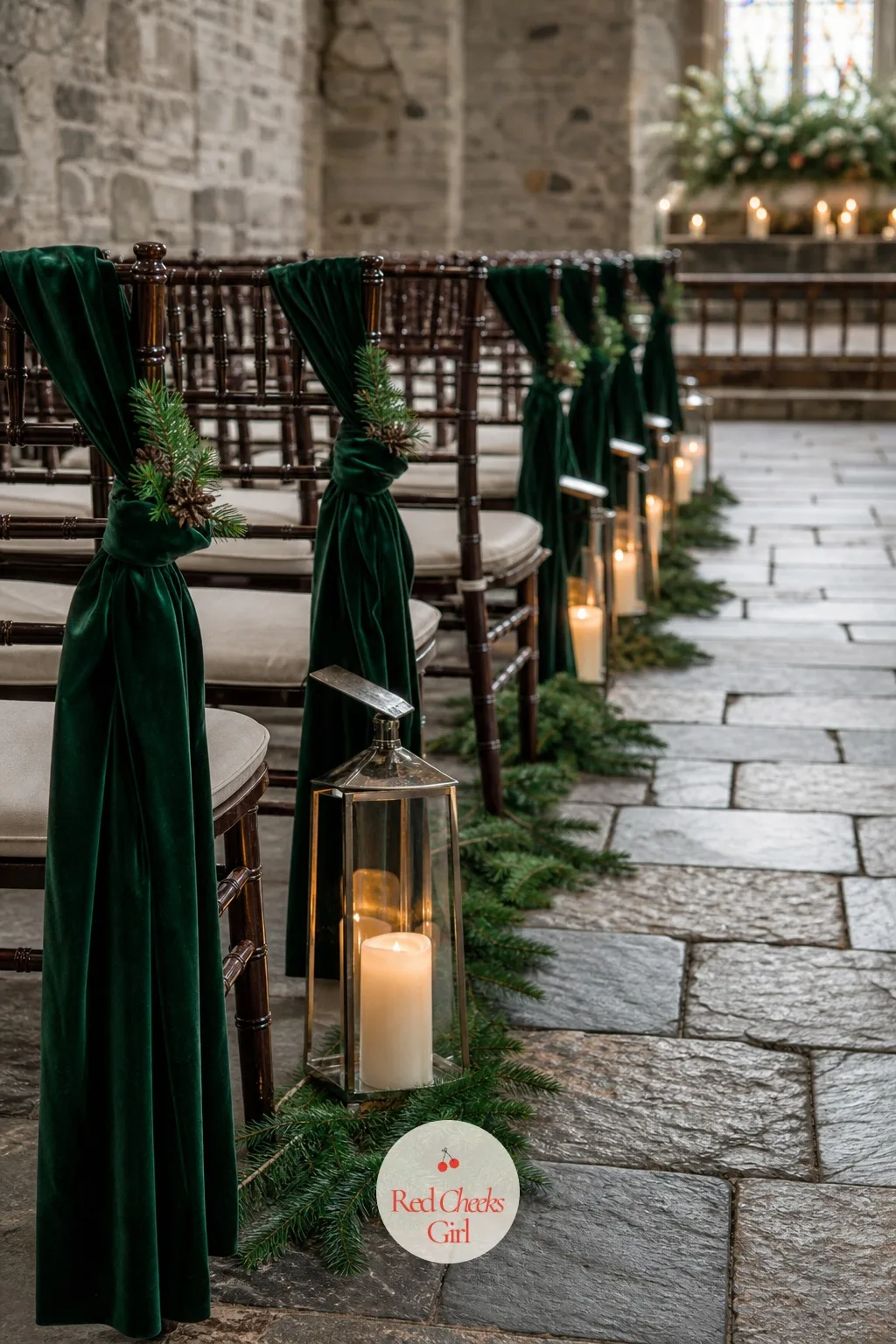 Velvet Chair Ties Down the Aisle — Rows of identical folding chairs look rented no matter how nice the aisle in front of them is. Winter wedding decorations