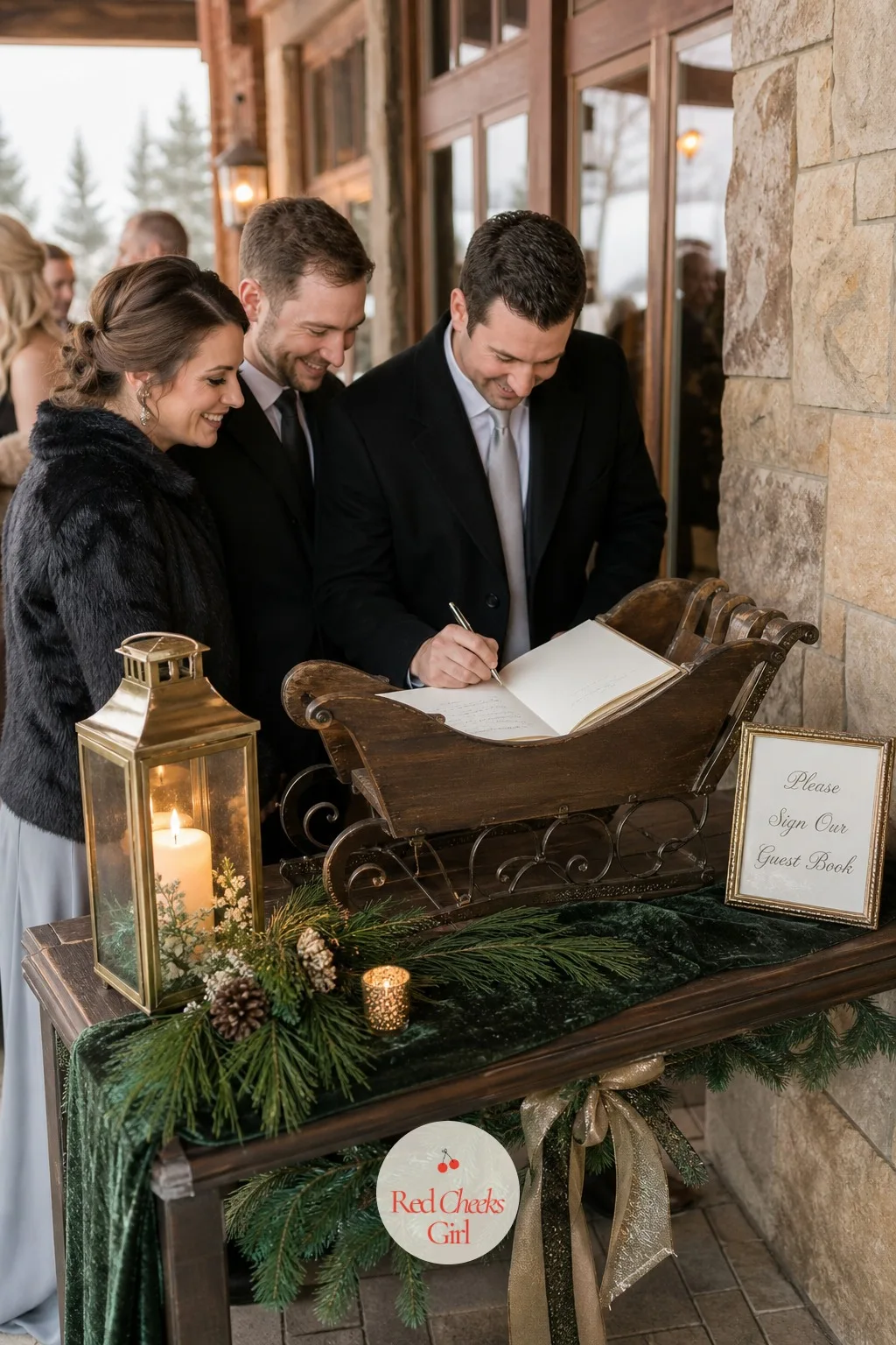 Vintage Sleigh Guest Book Station — A folding table with a book and a pen on it rarely gets a second look from guests walking past. Winter wedding decorations