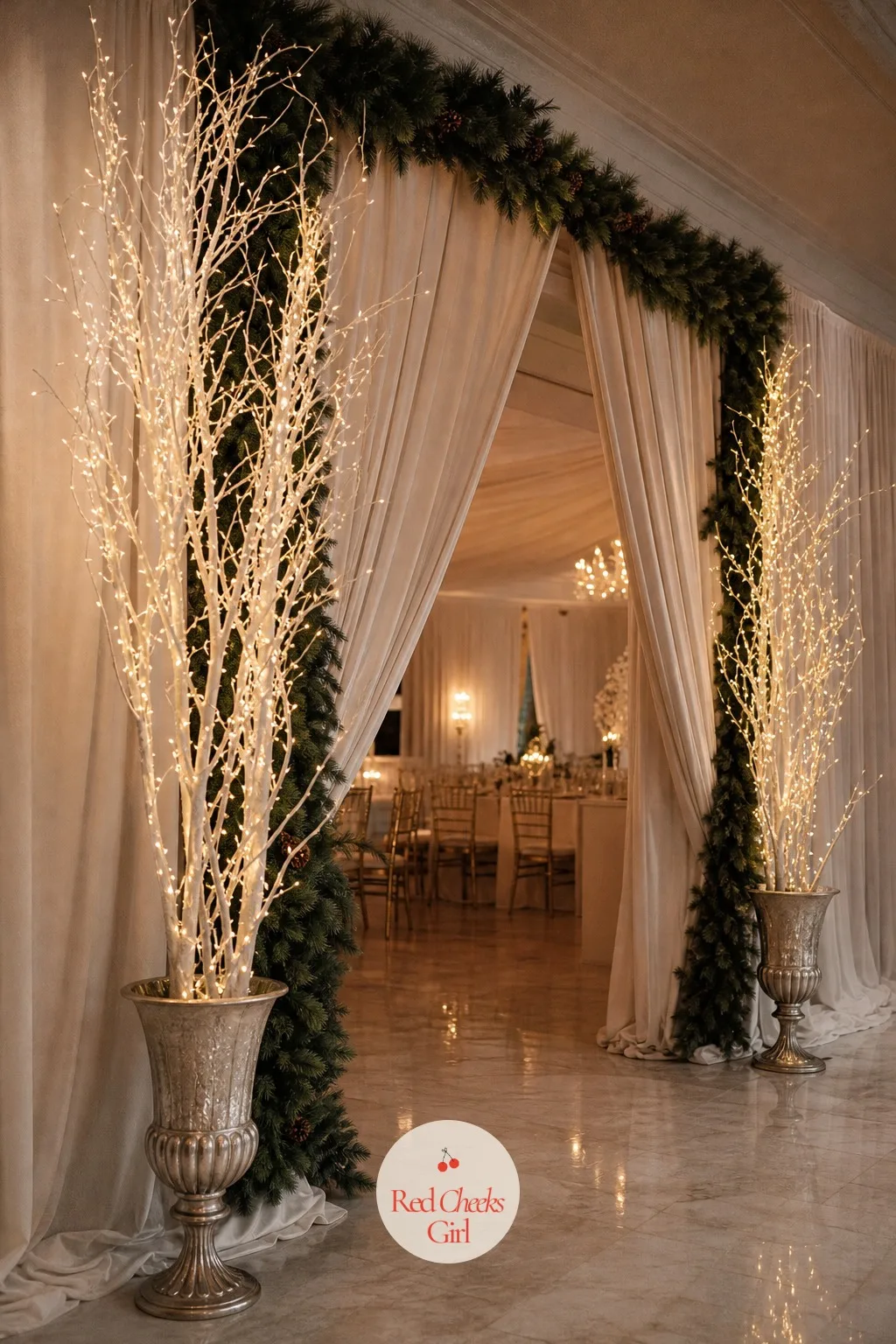White Branches with Fairy Lights — An empty corner behind the officiant reads cold no matter how good the flowers on the altar table are. Winter wedding