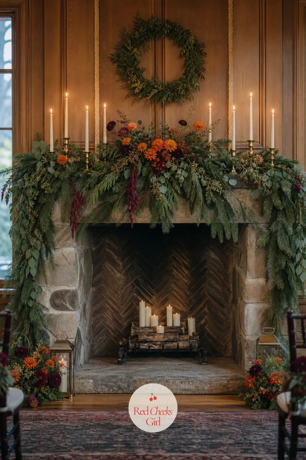 Fireplace Mantel Dressed as the Ceremony Backdrop — Not every venue has room for a full arch, and a blazing fireplace already does half the work of a backdrop.