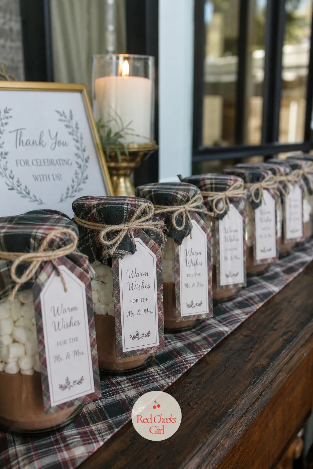 Hot Cocoa Jar Favors With Plaid Tags — Guests forget most favors by the time they reach the car, unless it is something they will actually use before the week
