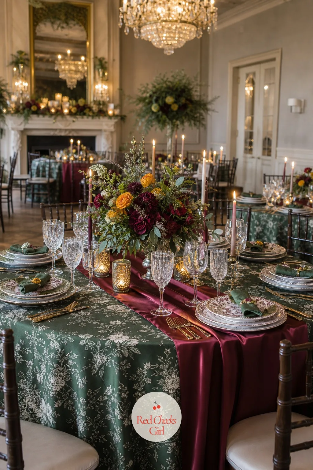 Merlot Satin Runner Over Evergreen Patterned Cloth — Round tables swallow pattern fast, so one bold print has to do the work of three. Winter wedding ideas
