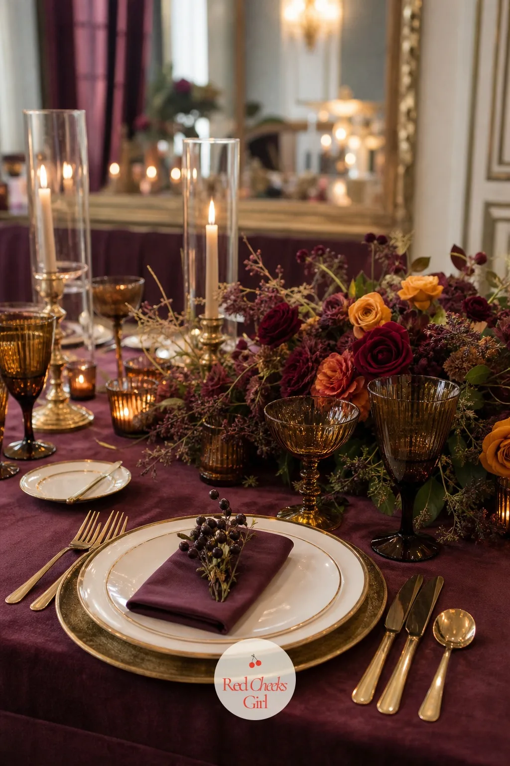 Mixed Jewel-Toned Glassware With Gold-Rimmed China — Matching rental glassware all down the table looks like it came from a hotel conference center, not a